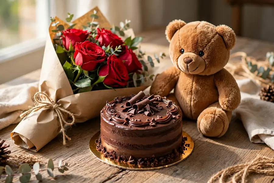 Teddy Bear with Flower Bunch — gift delivery in Rabwah