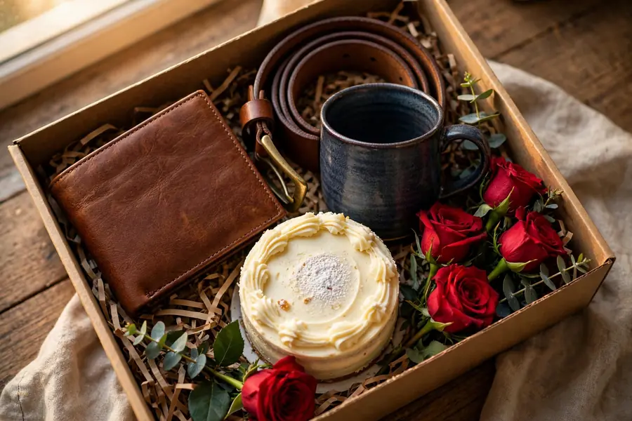 Father's Day gift hamper with belt, wallet, mug and roses for delivery in Rabwah