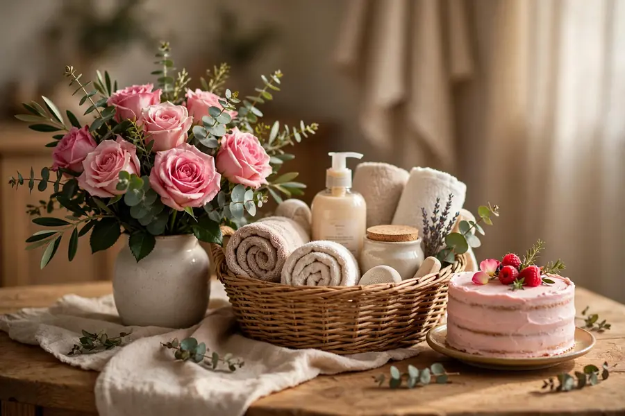 Mother's Day gift with pink roses, spa hamper and cake for delivery in Rabwah